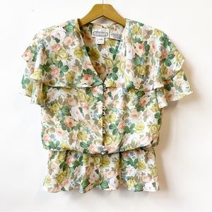 Vintage LIZ PETITES By Mary Ann Lamonte Cottagecore Floral Top Blouse Size 10